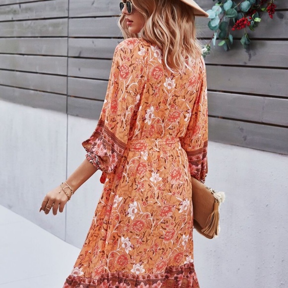 boho floral print belted 3/4 sleeve dress Yellow - Picture 5 of 9